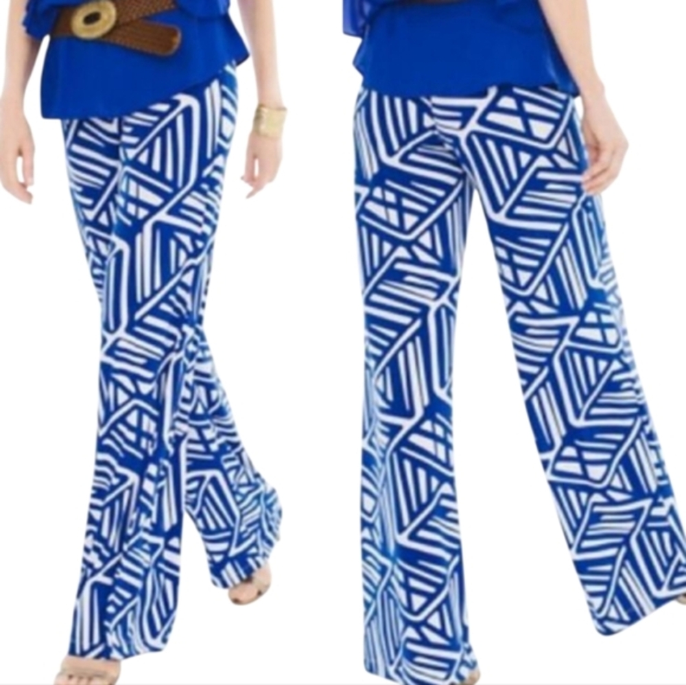 Chico's Wide Leg Pants Blue White Geometric Print Pull On Palazzo Trousers XLP